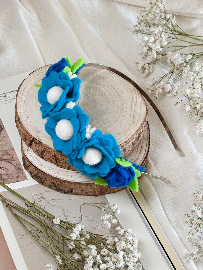 Handmade Girls Side Rose Hair Band - Blue Mix