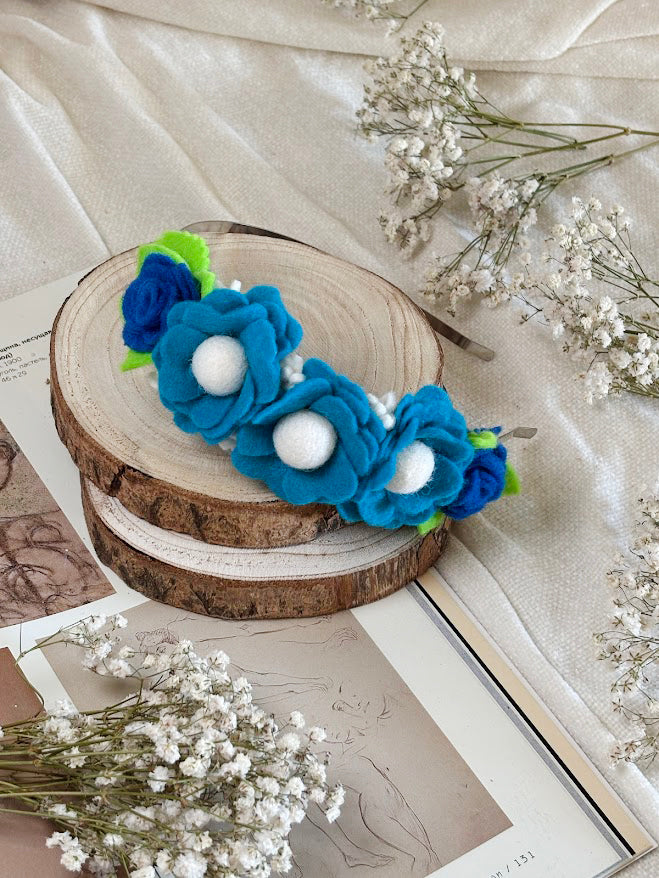 Handmade Girls Side Rose Hair Band - Blue Mix