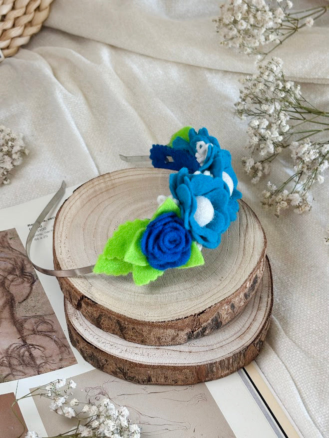 Handmade Girls Side Rose Hair Band - Blue Mix