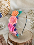 Handmade Girls Side Rose Hair Band - Rainbow Mix
