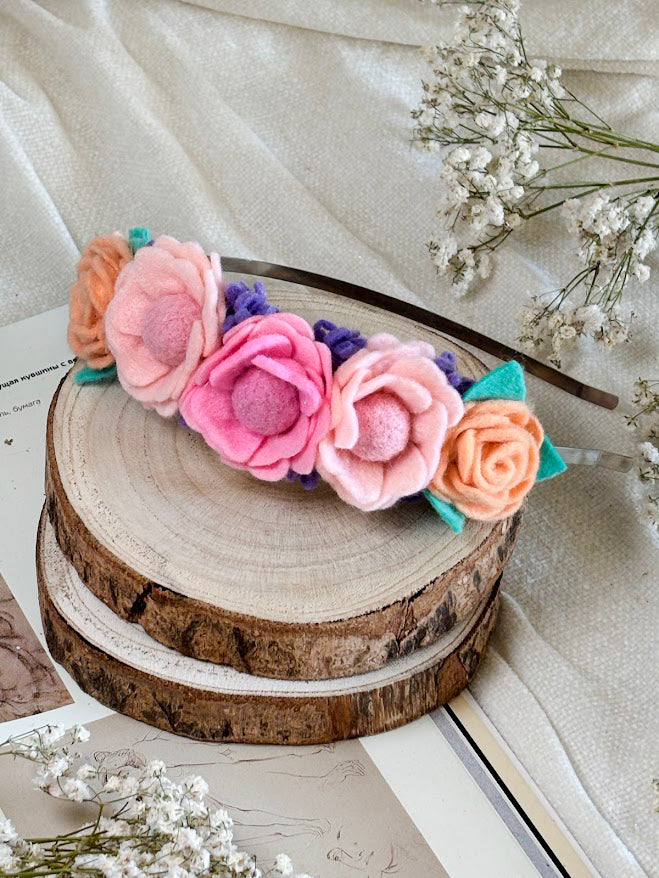 Handmade Girls Side Rose Hair Band - Rainbow Mix