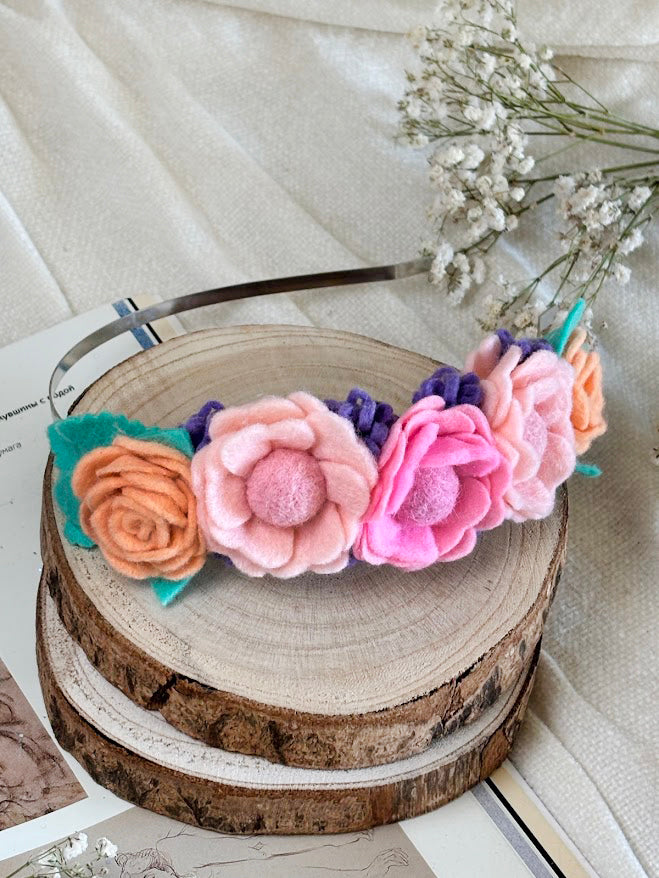 Handmade Girls Side Rose Hair Band - Rainbow Mix