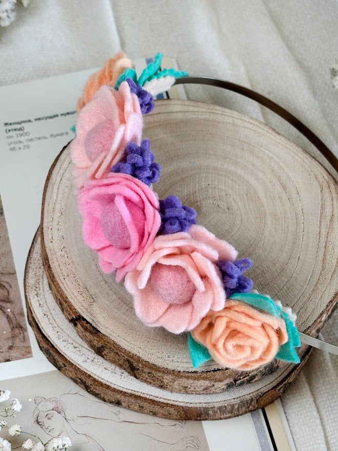 Handmade Girls Side Rose Hair Band - Rainbow Mix