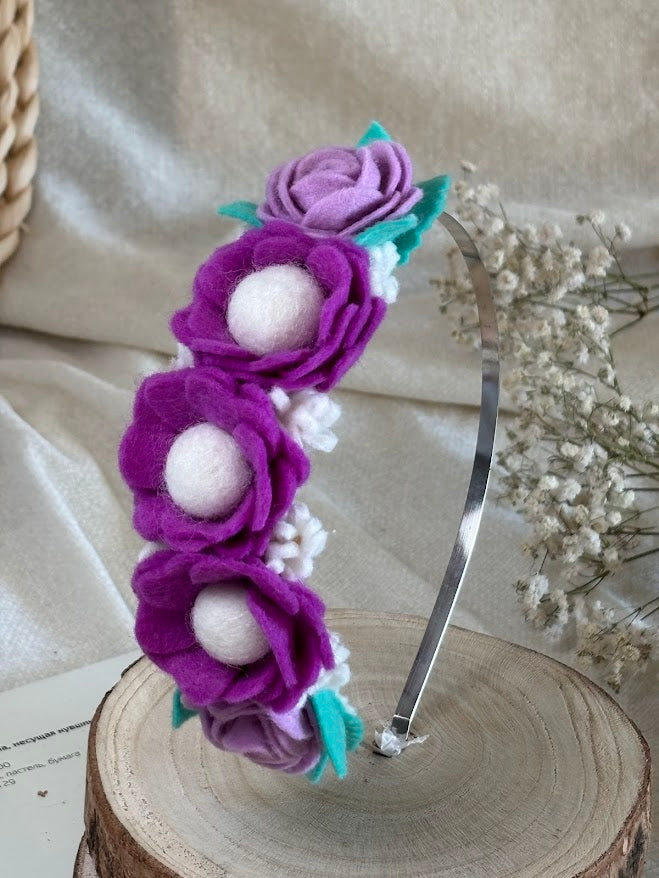 Handmade Girls Side Flower Hair Band - Purple & Turquoise