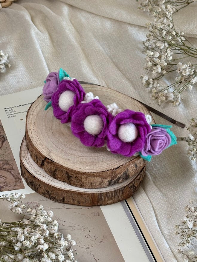 Handmade Girls Side Flower Hair Band - Purple & Turquoise