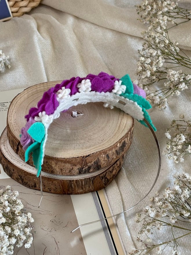 Handmade Girls Side Flower Hair Band - Purple & Turquoise