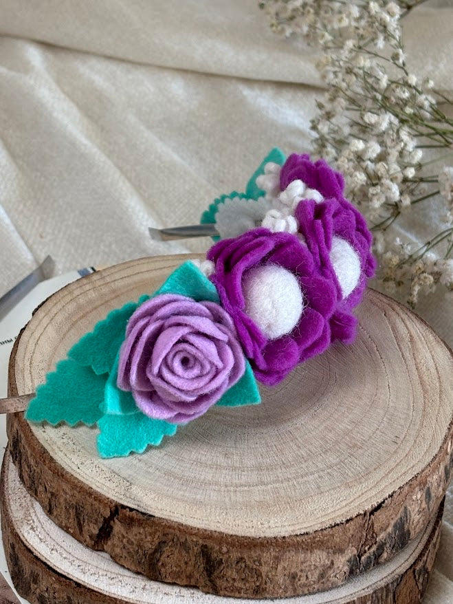Handmade Girls Side Flower Hair Band - Purple & Turquoise