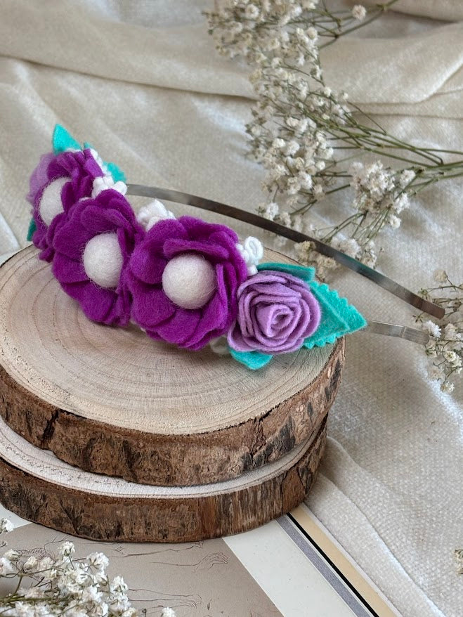 Handmade Girls Side Flower Hair Band - Purple & Turquoise
