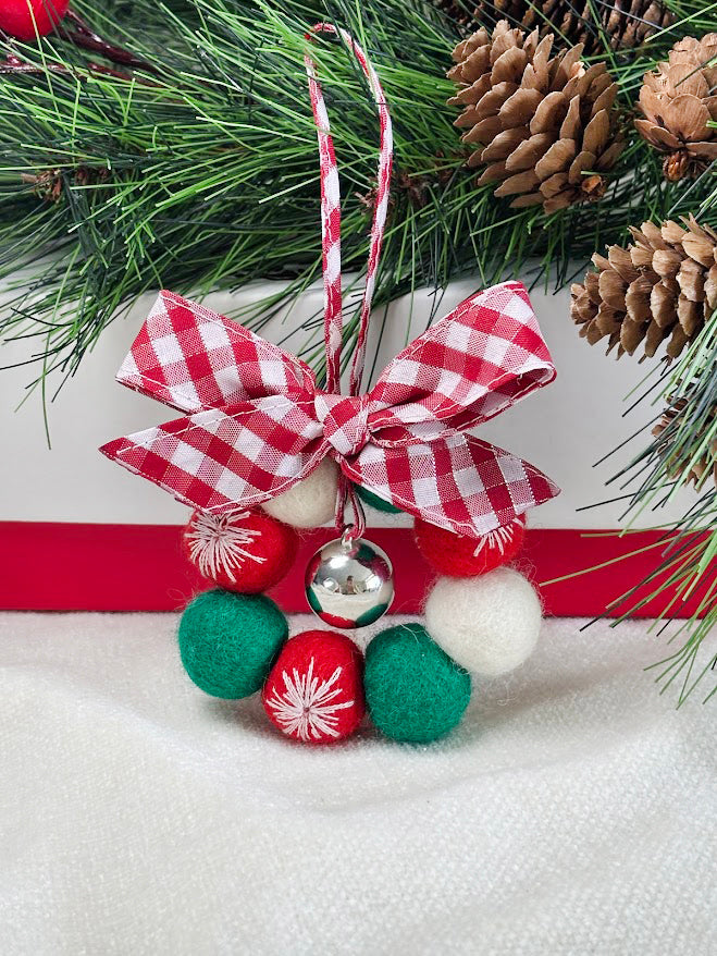 Handmade Wool Christmas Ornament with Red Gingham Bow