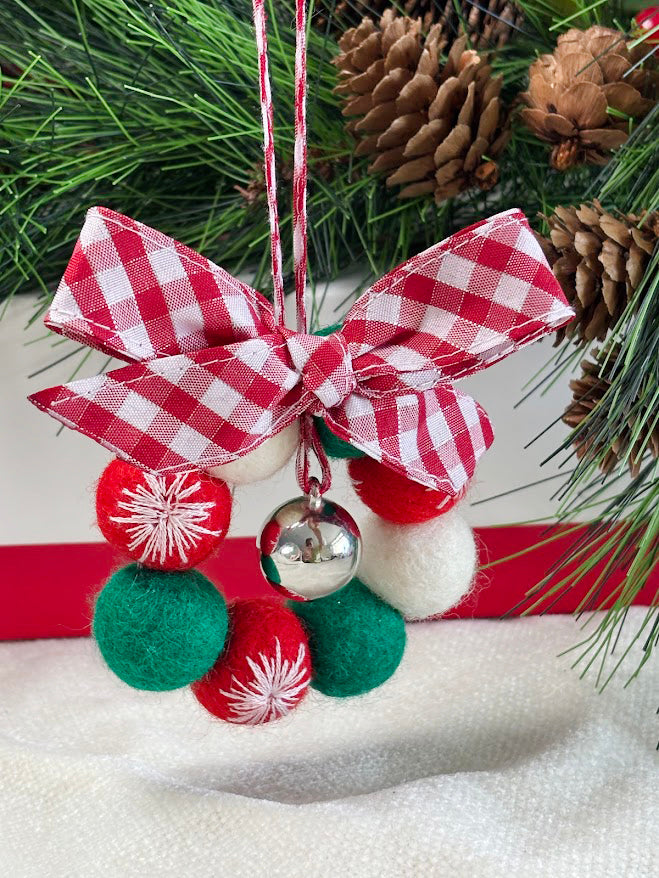 Handmade Wool Christmas Ornament with Red Gingham Bow