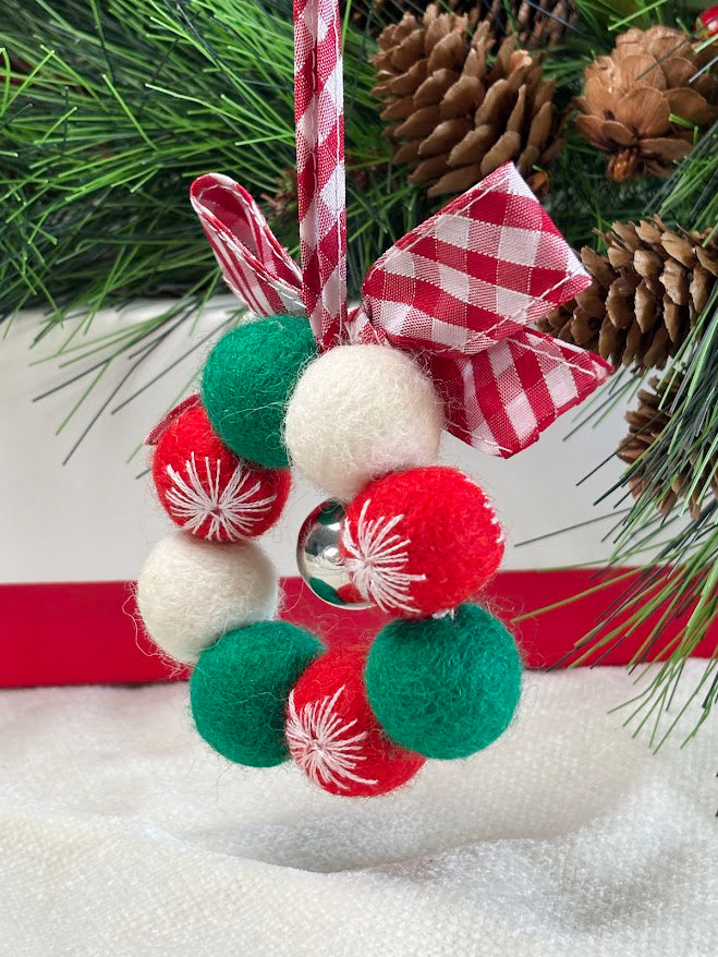 Handmade Wool Christmas Ornament with Red Gingham Bow