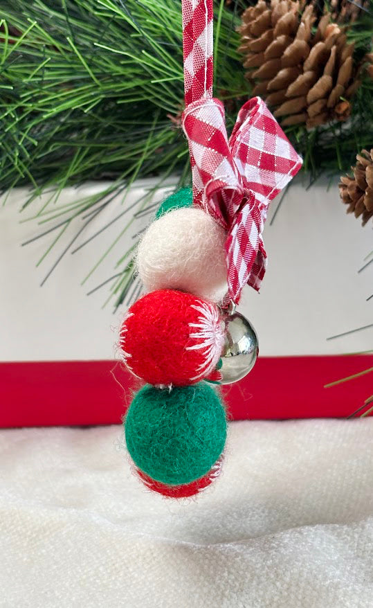 Handmade Wool Christmas Ornament with Red Gingham Bow