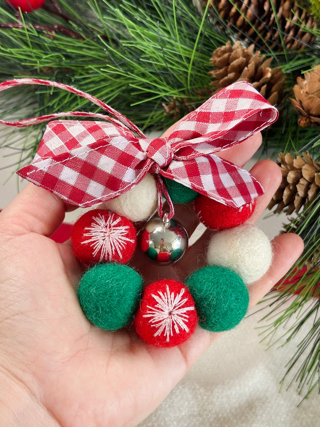 Handmade Wool Christmas Ornament with Red Gingham Bow