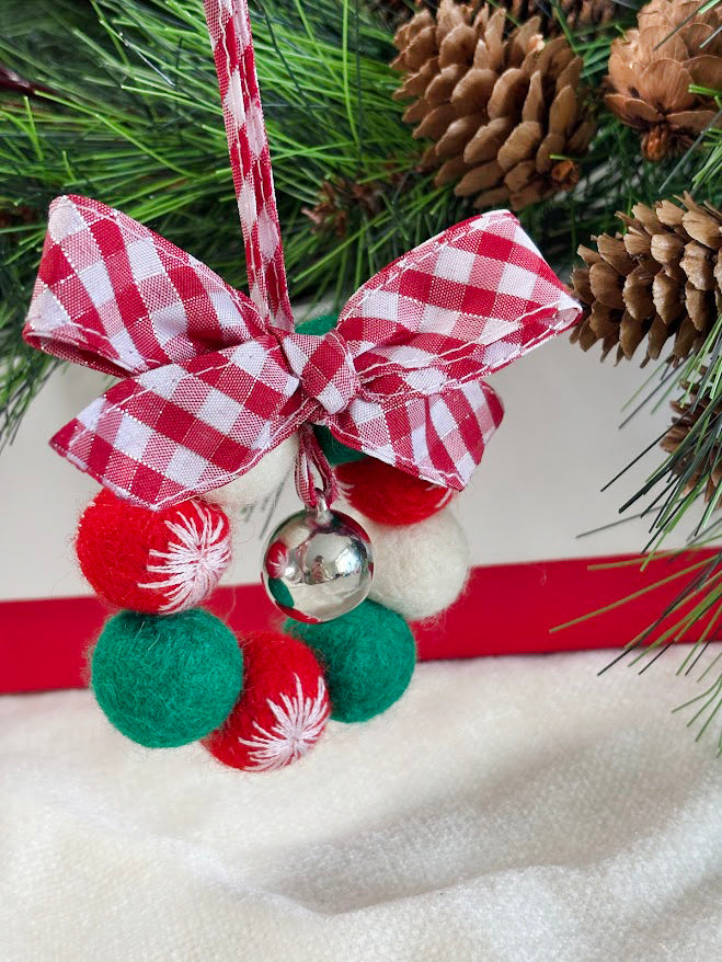 Handmade Wool Christmas Ornament with Red Gingham Bow