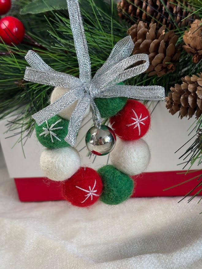 Handmade Wool Christmas Ornament with Silver Ribbon Bow