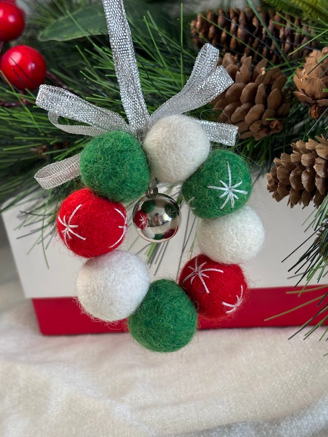Handmade Wool Christmas Ornament with Silver Ribbon Bow