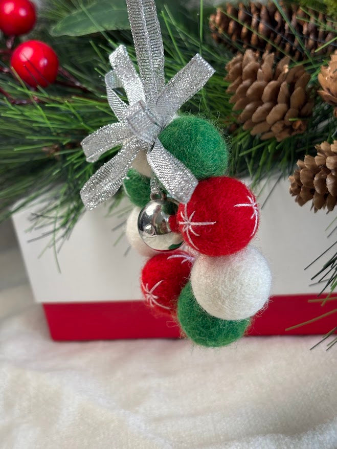 Handmade Wool Christmas Ornament with Silver Ribbon Bow