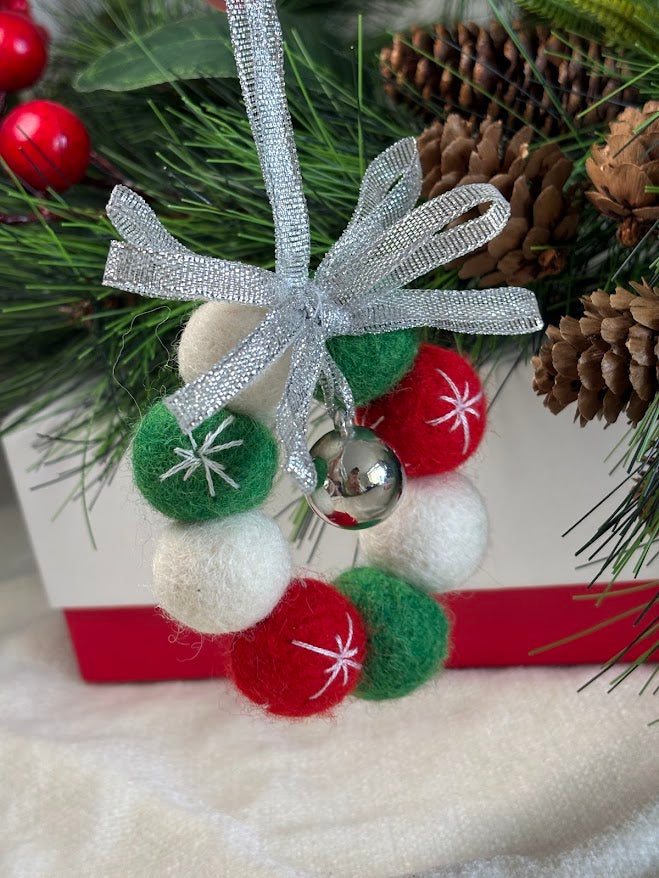 Handmade Wool Christmas Ornament with Silver Ribbon Bow