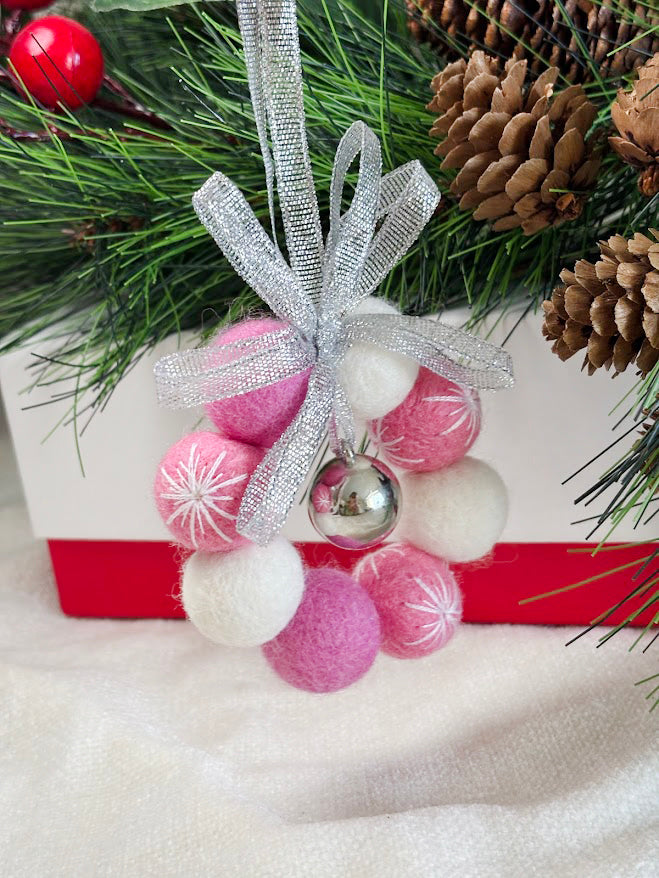 Handmade Wool Christmas Ornament with Pink Ribbon Bow