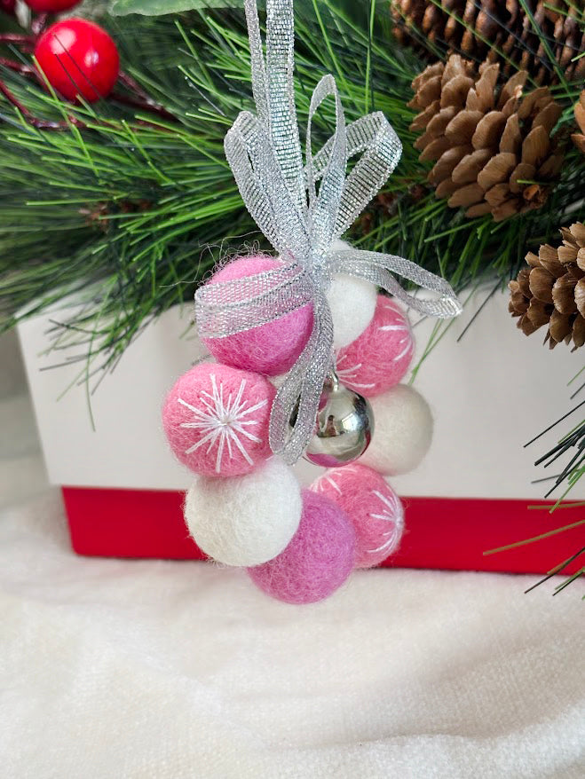 Handmade Wool Christmas Ornament with Pink Ribbon Bow