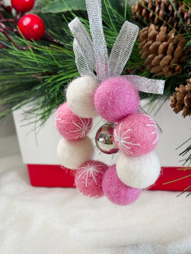 Handmade Wool Christmas Ornament with Pink Ribbon Bow