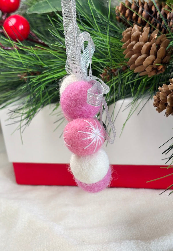 Handmade Wool Christmas Ornament with Pink Ribbon Bow