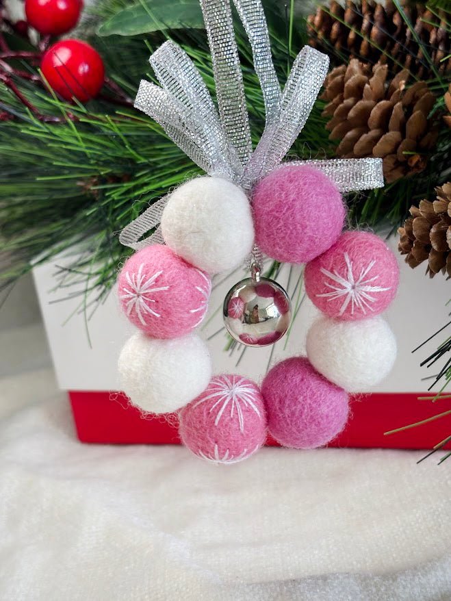 Handmade Wool Christmas Ornament with Pink Ribbon Bow