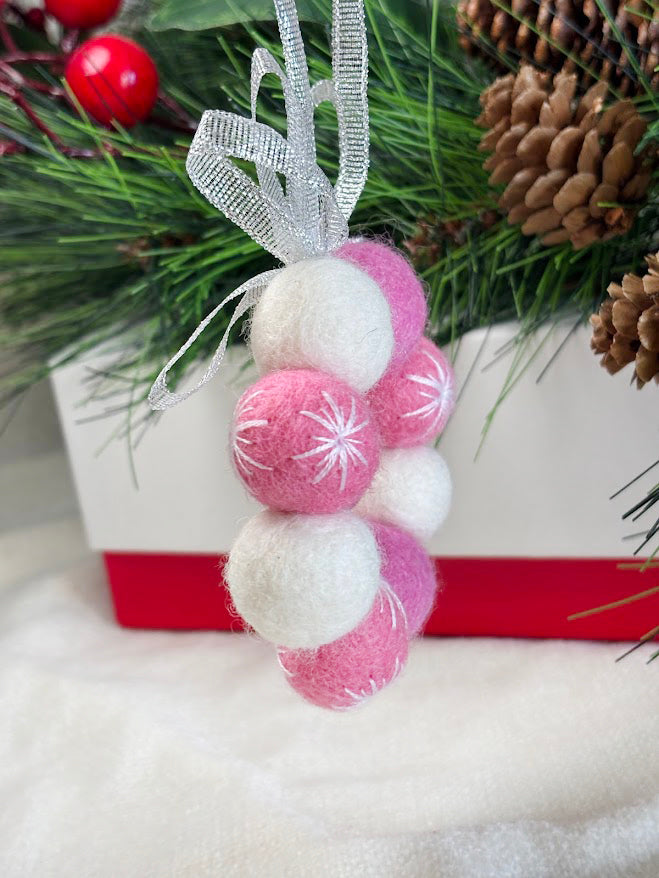 Handmade Wool Christmas Ornament with Pink Ribbon Bow