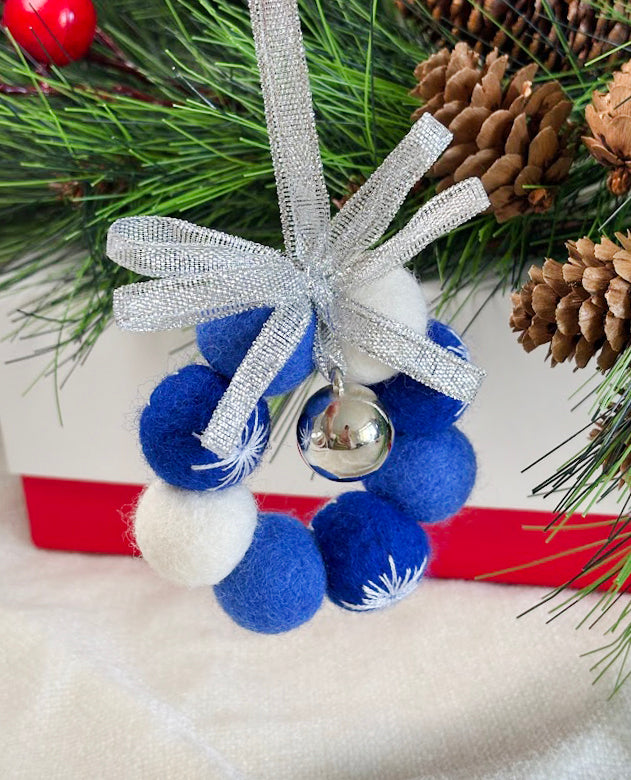 Handmade Wool Christmas Ornament with Blue and Silver Ribbon