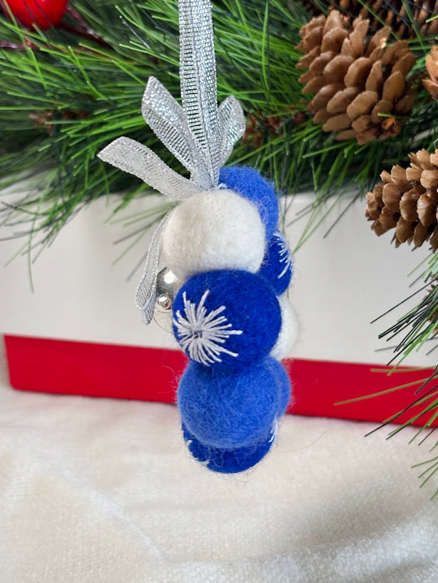 Handmade Wool Christmas Ornament with Blue and Silver Ribbon