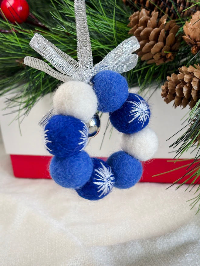 Handmade Wool Christmas Ornament with Blue and Silver Ribbon