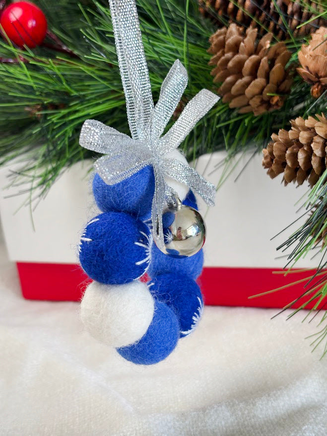 Handmade Wool Christmas Ornament with Blue and Silver Ribbon