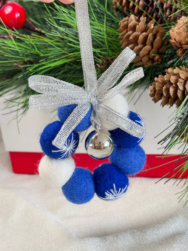 Handmade Wool Christmas Ornament with Blue and Silver Ribbon