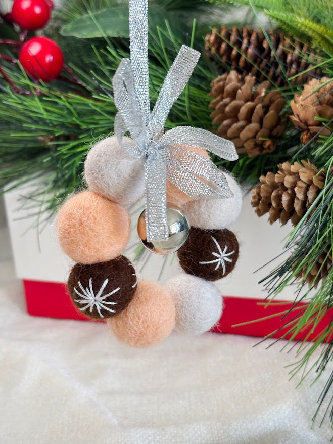 Handmade Wool Christmas Ornament with Neutral Tones and Silver Ribbon