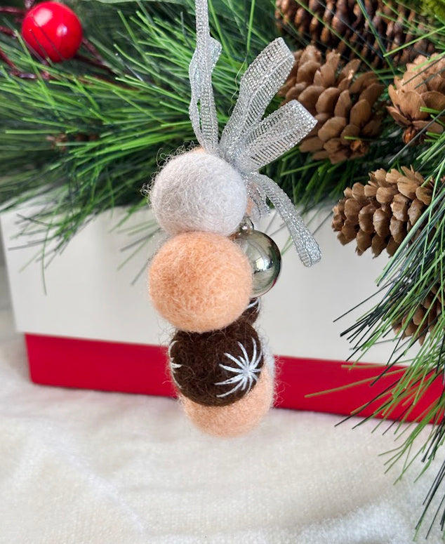 Handmade Wool Christmas Ornament with Neutral Tones and Silver Ribbon