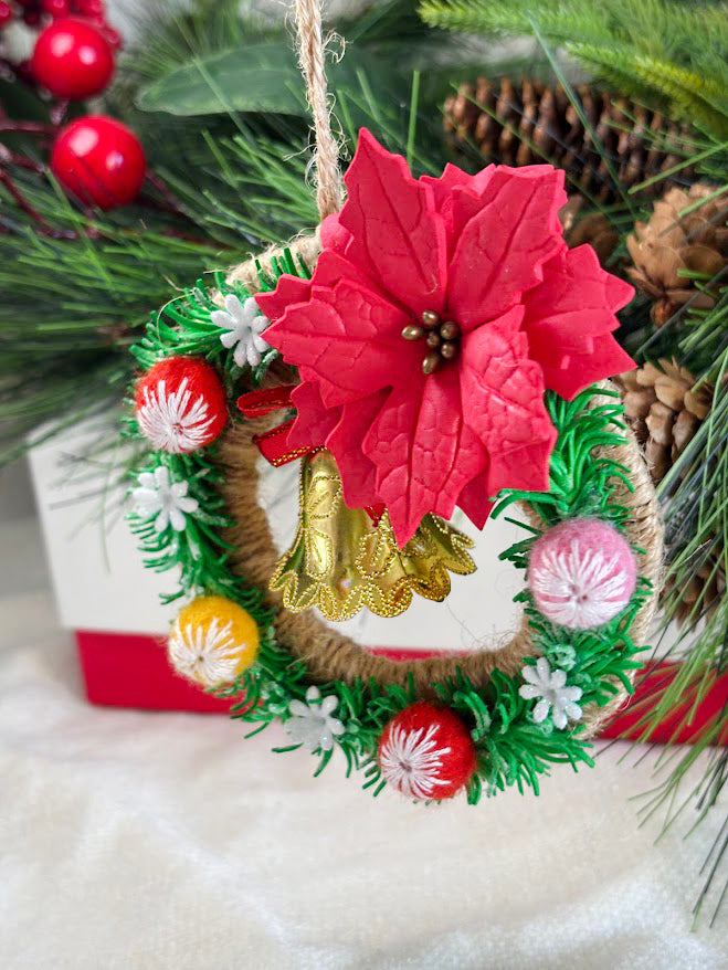 Handmade Christmas Wreath Ornament with Red Poinsettia and Golden Bell