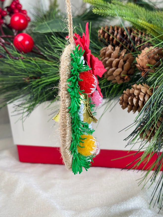 Handmade Christmas Wreath Ornament with Red Poinsettia and Golden Bell
