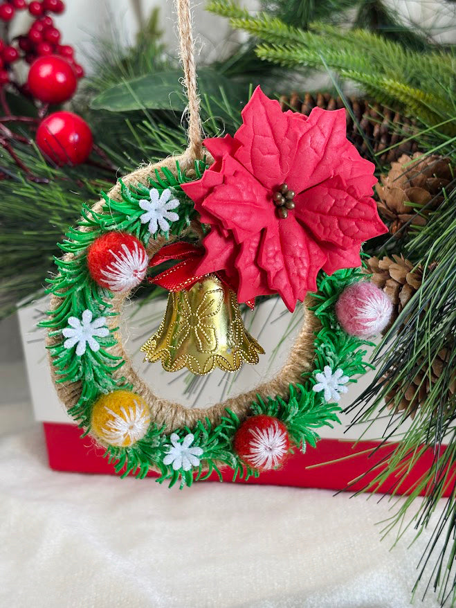 Handmade Christmas Wreath Ornament with Red Poinsettia and Golden Bell