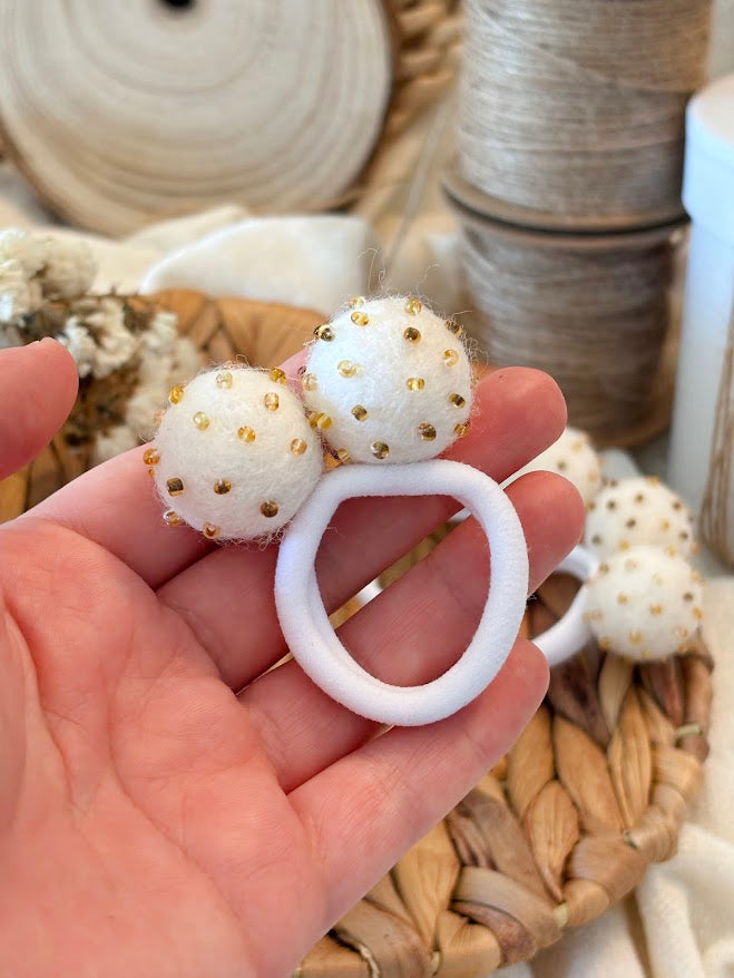 White Pom Pom Hair Ties, Set of 2, with Gold Beads