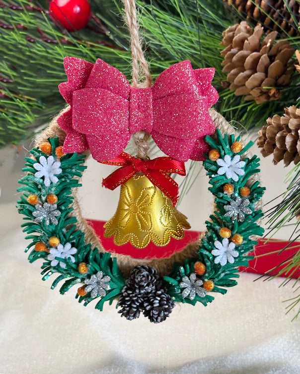 Handmade Christmas Wreath Ornament with Golden Bell and Pink Bow