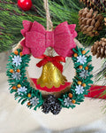 Handmade Christmas Wreath Ornament with Golden Bell and Pink Bow