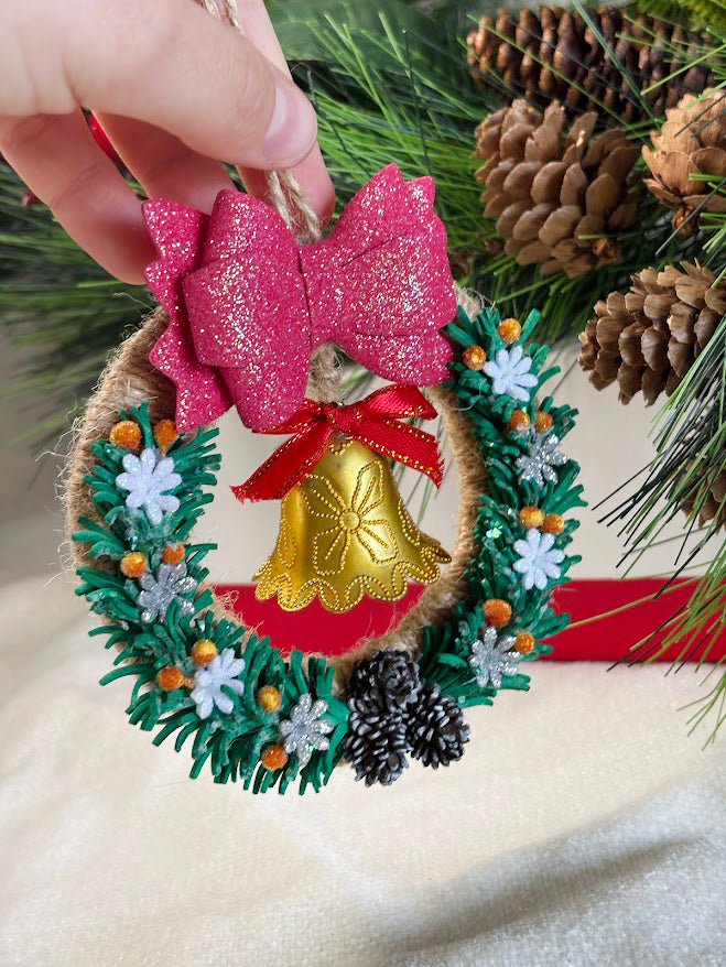 Handmade Christmas Wreath Ornament with Golden Bell and Pink Bow