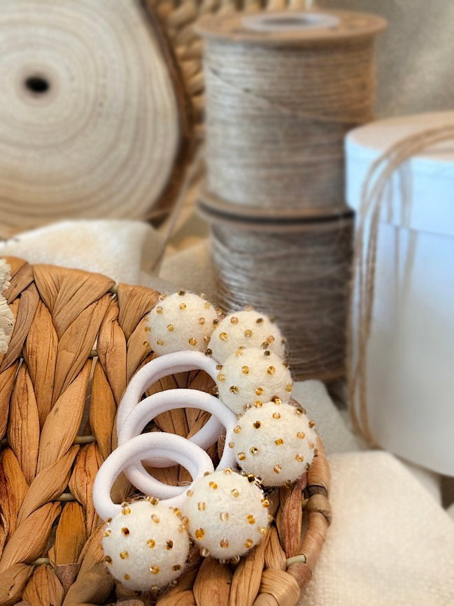 White Pom Pom Hair Ties, Set of 2, with Gold Beads