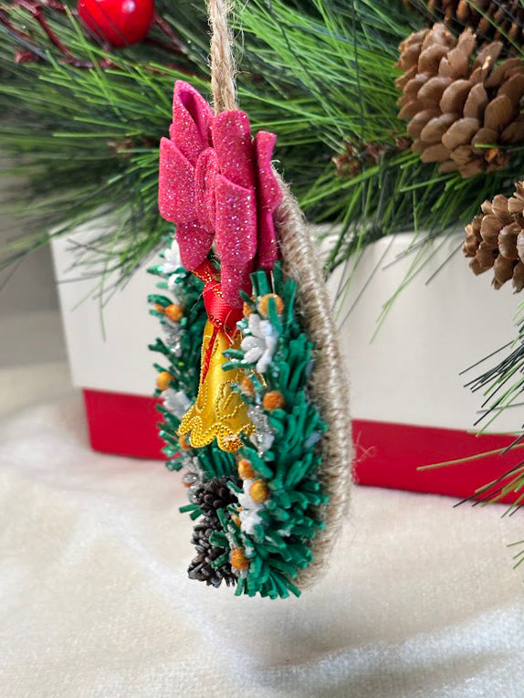 Handmade Christmas Wreath Ornament with Golden Bell and Pink Bow