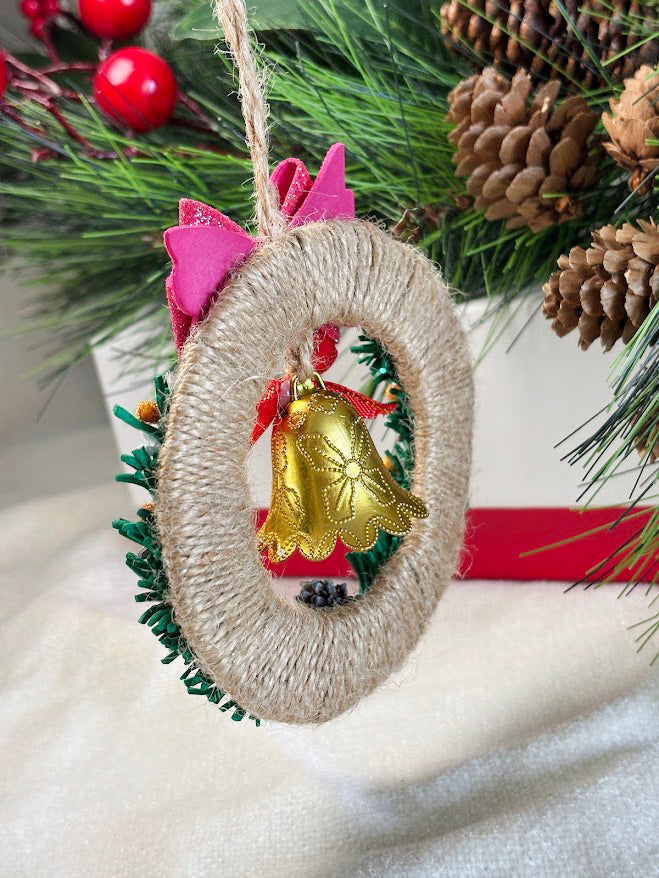 Handmade Christmas Wreath Ornament with Golden Bell and Pink Bow