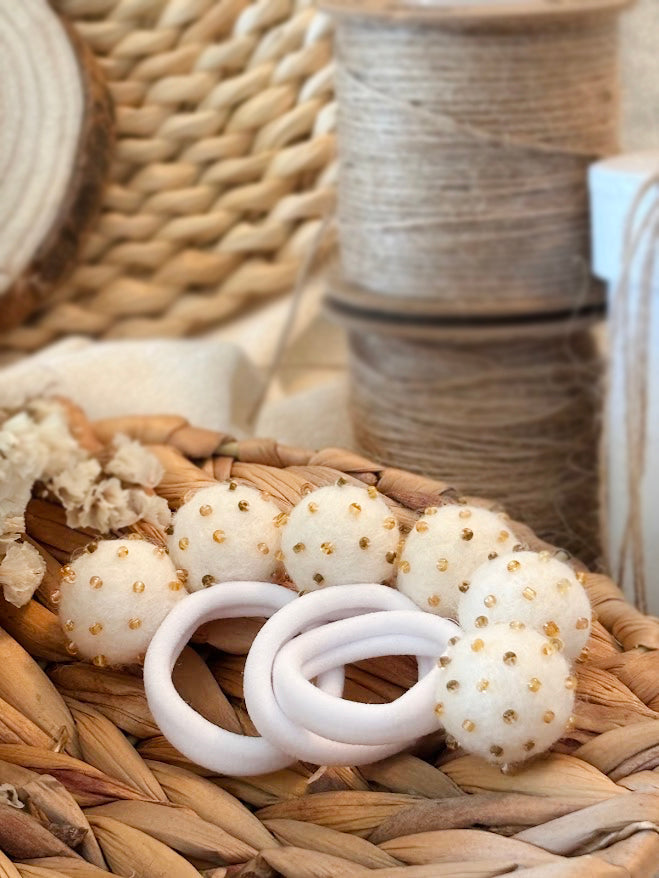 White Pom Pom Hair Ties, Set of 2, with Gold Beads