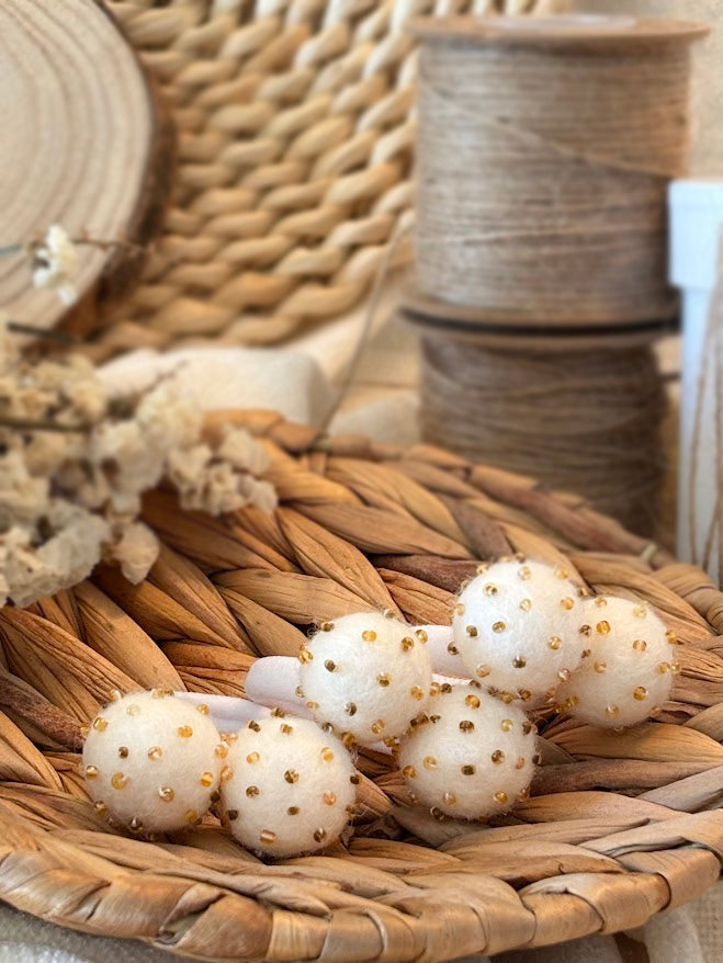 White Pom Pom Hair Ties, Set of 2, with Gold Beads