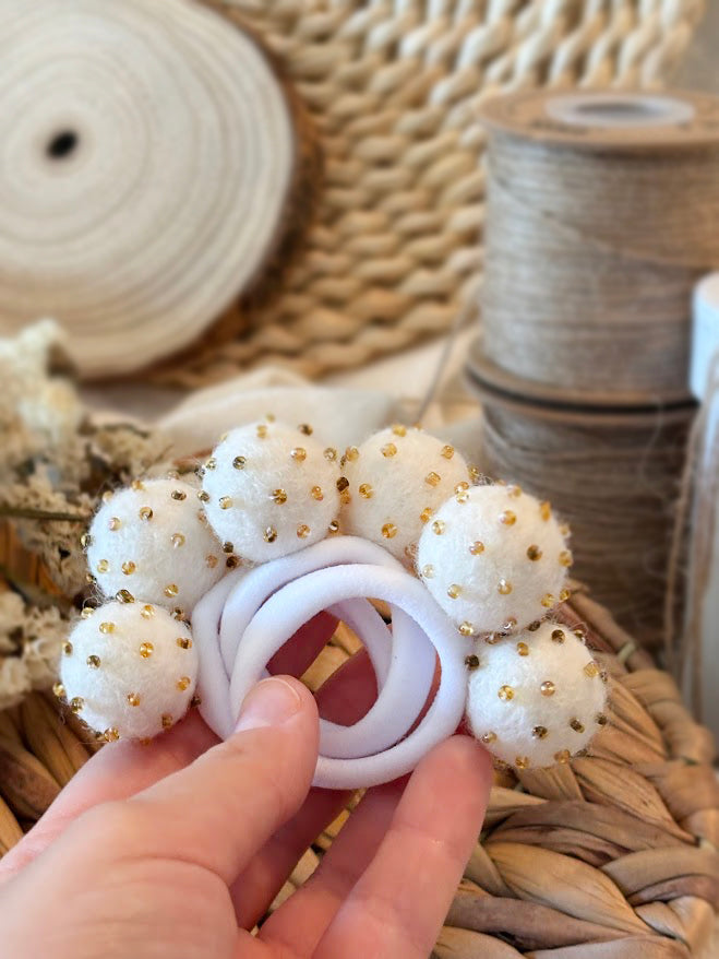 White Pom Pom Hair Ties, Set of 2, with Gold Beads