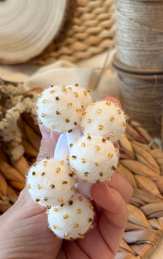 White Pom Pom Hair Ties, Set of 2, with Gold Beads