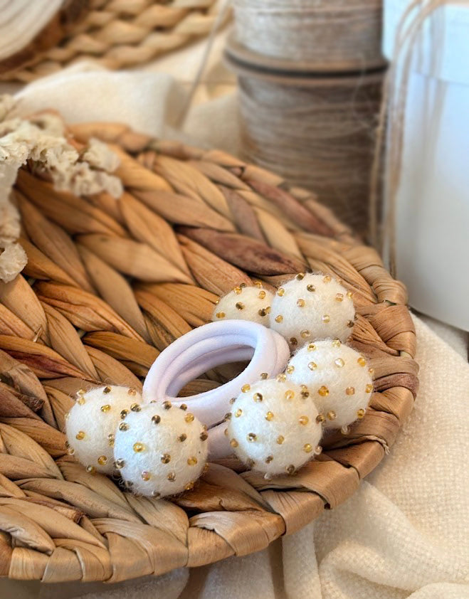 White Pom Pom Hair Ties, Set of 2, with Gold Beads